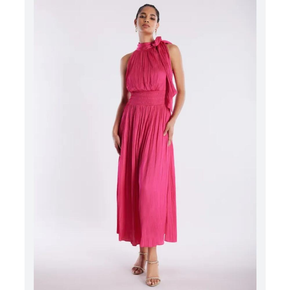BCBGMAXAZRIA Womens Boho Maxi Tie Neck Halter Dress Pink Small NWOT